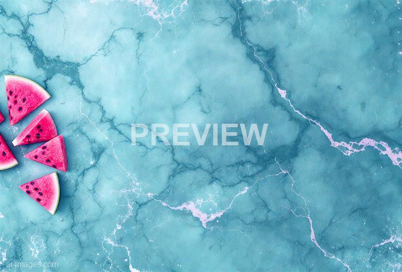 The image features a textured, cracked blue surface resembling a marble or stone pattern. In the bottom left corner, there are several small slices of watermelon, with vibrant pink flesh, black seeds, and green rinds, arranged in a scattered manner. The overall color palette is dominated by various shades of blue, with the bright pink watermelon slices providing a stark contrast.