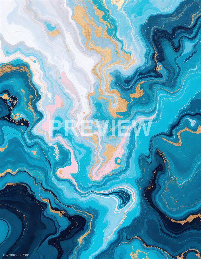 The image features an abstract marbled design with swirling patterns in various shades of blue, from light to dark, accented with streaks of white, pink, and gold. The intricate flow of colors creates a dynamic, fluid appearance reminiscent of ocean waves or mineral formations, with the gold details adding a touch of shimmer and elegance. The overall composition is vibrant and captivating, emphasizing movement and depth through its layered, flowing textures.