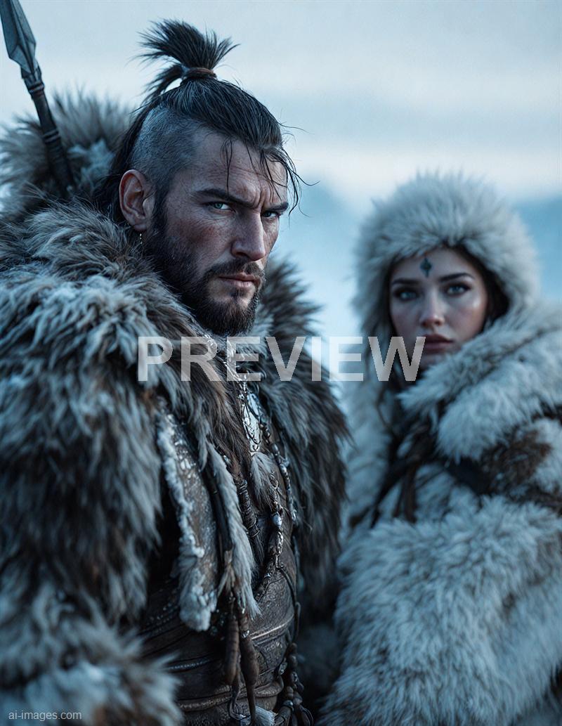 Two individuals are dressed in heavy, fur-lined clothing suitable for cold environments, with the background suggesting a snowy landscape. The man, with a serious expression, has dark hair tied in a topknot, a beard, and piercing eyes, while the woman features a similar fur-lined hood, with a decorative mark on her forehead and intense gaze. Both are wearing layered, rugged garments that appear to be made from animal pelts and leather, giving a fierce, warrior-like appearance.