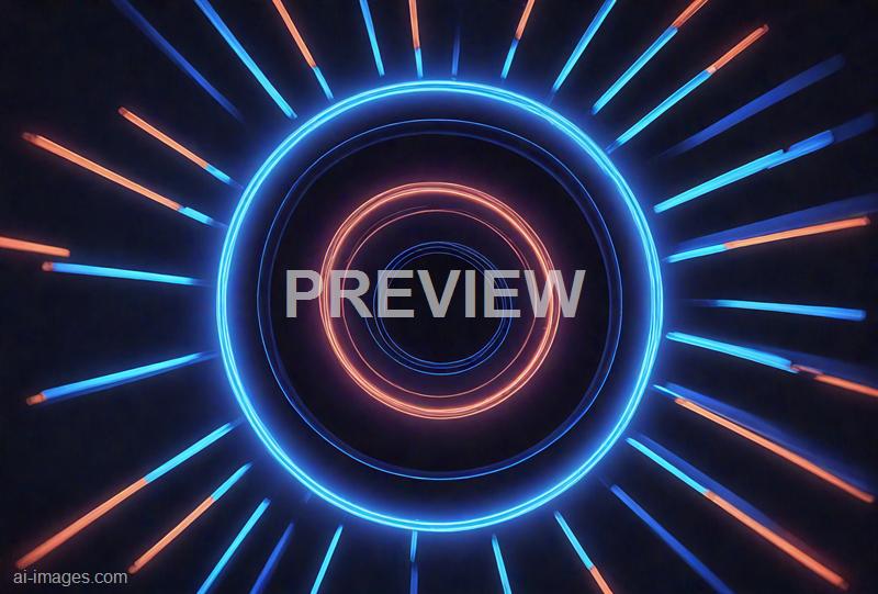 The image features concentric circles of neon lights in shades of blue and orange, creating a tunnel-like effect. The lights appear to be moving inward, giving an illusion of depth and speed against a dark background, resembling a futuristic or sci-fi visual design.