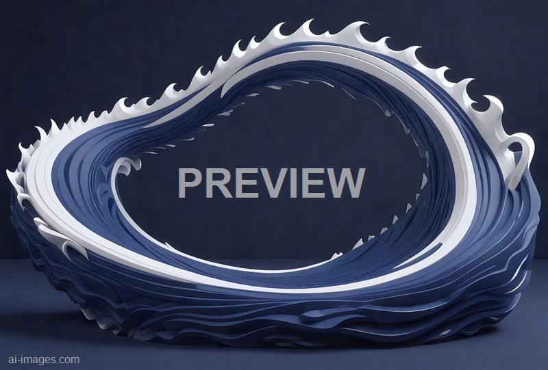 The image features a modern, abstract sculpture resembling a stylized wave or whirlpool, composed of layered, curved elements in shades of blue and white. The sculpture has dynamic, flowing lines that create a sense of movement and energy, set against a dark, textured background that enhances its striking appearance. The intricate design and smooth contours give it a sleek, contemporary aesthetic.