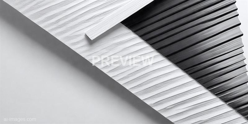 The image features a close-up of a textured surface with overlapping layers of material. The upper layers are mostly white with a subtle, wavy pattern, while the lower layer is black with a similar textured, ridged pattern, creating a stark contrast. The background is a plain, light gray surface, emphasizing the layered, textured design of the materials.