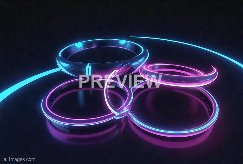 The image features several glowing neon rings in shades of blue and pink, arranged in a seemingly random overlapping pattern on a dark background. The rings have a sleek, futuristic appearance with reflective surfaces, and their vibrant glow creates a striking contrast against the black backdrop, casting subtle reflections beneath them. Thin neon lines extend outward from some of the rings, enhancing the sense of depth and dimensionality.