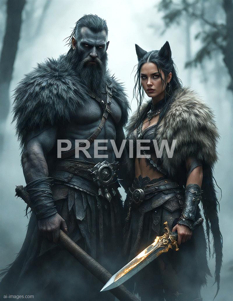 The image features two characters dressed in dark, medieval-style armor and clothing, standing in a foggy forest setting. The male figure has a muscular build, with long hair, a thick beard, and a stern expression, holding a large club. The female figure has pointed ears, dark hair with wolf-like ears, and a serious expression, holding a glowing sword. Both are adorned with fur and leather accessories, suggesting a fantasy or warrior theme, with a mysterious and intense atmosphere surrounding them.