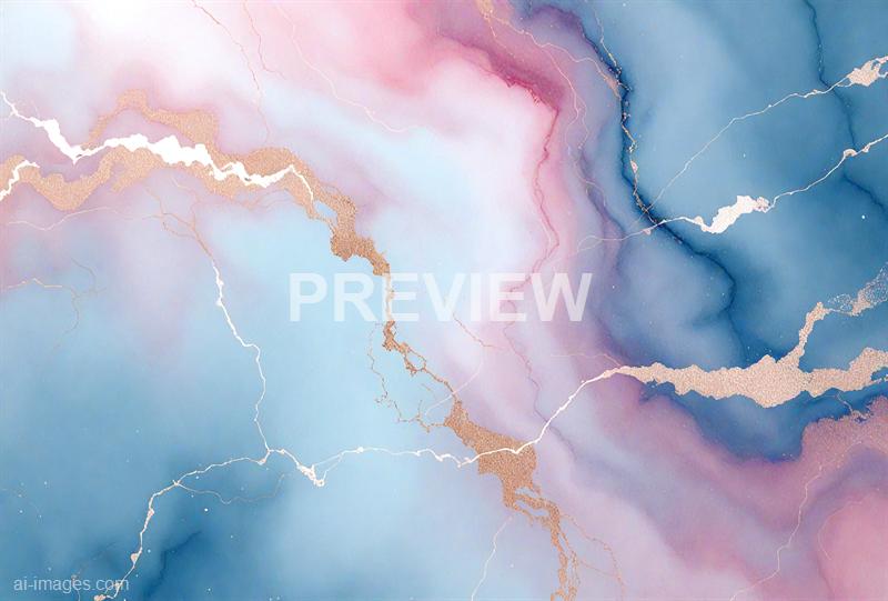 The image features an abstract watercolor design with swirling patterns of soft pinks, blues, and purples blending seamlessly. Gold and white metallic-looking veins run throughout the composition, creating a striking contrast and adding a sense of movement and texture to the piece. The overall effect is dreamy and fluid, reminiscent of a cosmic or mineral landscape.