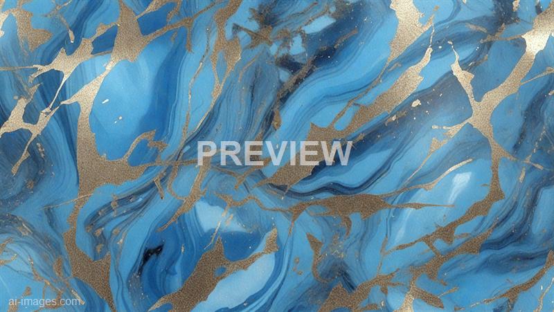 The image features an abstract design with swirling shades of blue and subtle hints of darker tones, creating a marbled effect. Golden veins run throughout the composition, adding contrast and a luxurious touch to the flowing, textured background that resembles a mix of water and marble patterns. The overall appearance is vibrant and dynamic, emphasizing fluidity and elegance.
