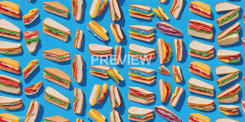 The image displays an array of colorful, miniature sandwich and burger-shaped objects scattered across a bright blue background. These items are made of layered, textured materials resembling bread, lettuce, cheese, meat, and various fillings, arranged in a playful, repetitive pattern. The vibrant colors and the uniformity in shape give the impression of a whimsical, stylized food display.