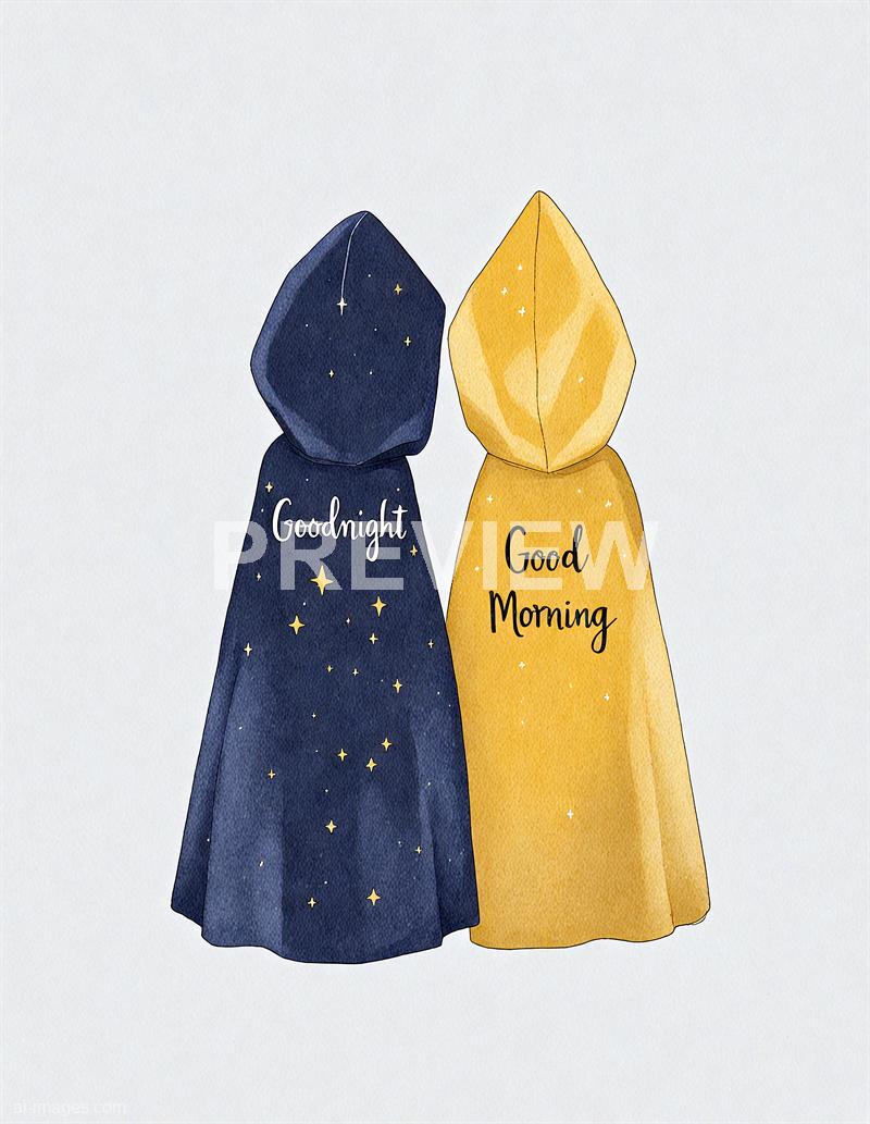 The image features two illustrated figures dressed in hooded cloaks, one in dark blue with starry patterns and the words "Goodnight" written on it, and the other in golden yellow with a similar star pattern and the words "Good Morning." The figures are standing close together against a plain white background, conveying a contrast between night and day themes with a simple, artistic style.