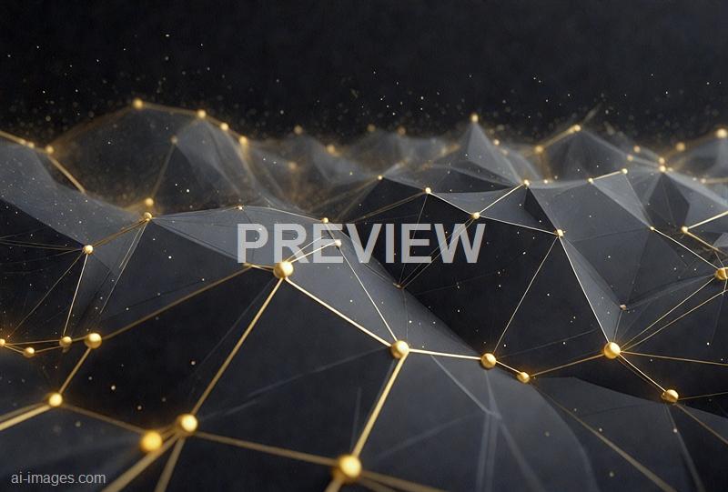 The image features an abstract, digital landscape composed of interconnected geometric shapes resembling a network of peaks and valleys. The structures are primarily dark with a metallic, reflective surface, accented by small golden spheres at the vertices and connecting lines, creating a sense of depth and complexity against a black background. Tiny particles are dispersed throughout, enhancing the sense of a dynamic, technological scene.