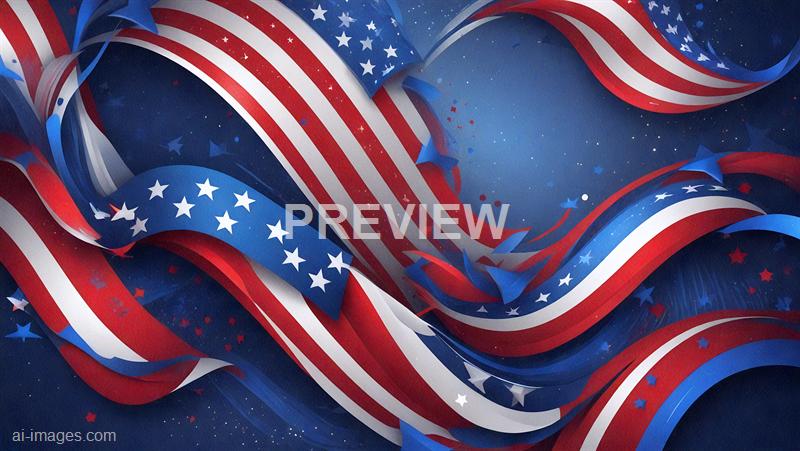 The image features flowing ribbons and streamers in red, white, and blue colors, decorated with stars, reminiscent of the American flag. The ribbons are arranged in a dynamic, swirling pattern against a dark blue background with tiny specks that resemble stars, creating a festive and patriotic atmosphere.