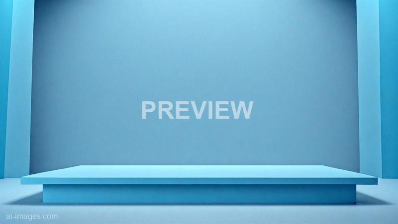 The image features a minimalist, monochromatic blue backdrop with a rectangular platform at the bottom, creating a simple stage-like setting. The background wall is plain with a subtle texture, and the platform has a slight shadow on the floor, emphasizing its three-dimensional form.