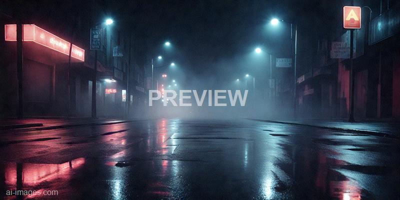 The image depicts an empty city street at night, illuminated by streetlights that cast a bluish glow over the scene. The wet pavement reflects the lights, creating a mirrored effect, and there is a foggy or misty atmosphere that adds a sense of mystery or eeriness. Buildings line both sides of the street, with some illuminated signs and advertisements, but the overall scene appears quiet and deserted.