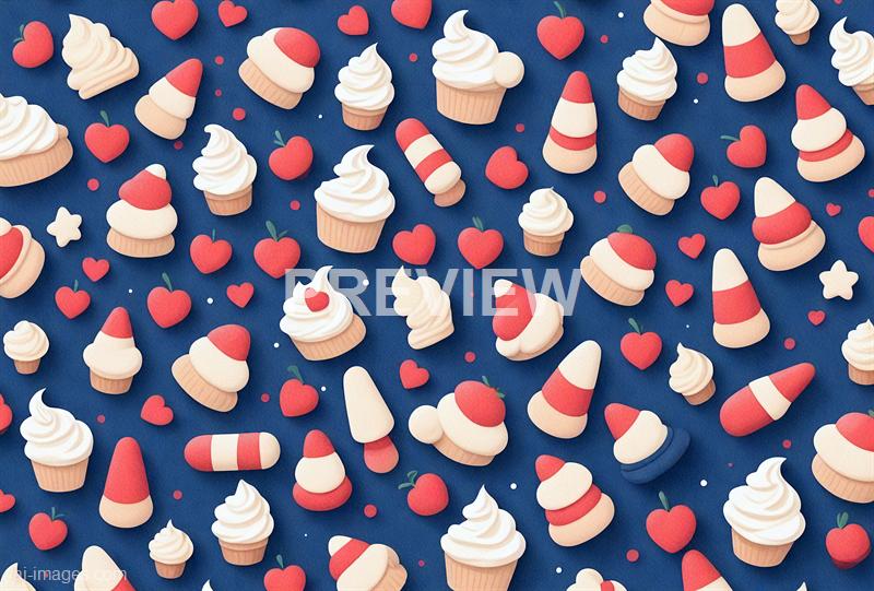 The image features a vibrant, playful pattern of various dessert-themed elements scattered across a dark blue background. It includes cupcakes with swirled white frosting, cone-shaped candies with red and white stripes, small red hearts, and tiny star and dot accents, all arranged in a lively, repeating design that evokes a sense of whimsy and sweetness.