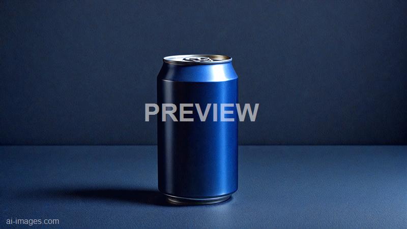 The image features a metallic blue soda can placed on a textured dark blue surface, with a matching dark blue background. The can is unopened, with the pull-tab intact, and is centered in the frame, creating a sleek and minimalistic aesthetic with subtle reflections on its surface.