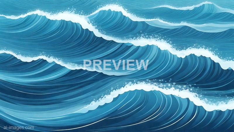 The image depicts an artistic illustration of ocean waves in shades of blue and white, with crests and foam illustrated in a stylized manner. The waves appear dynamic and powerful, with multiple layers and curved lines emphasizing their movement and depth against a plain, slightly textured background.