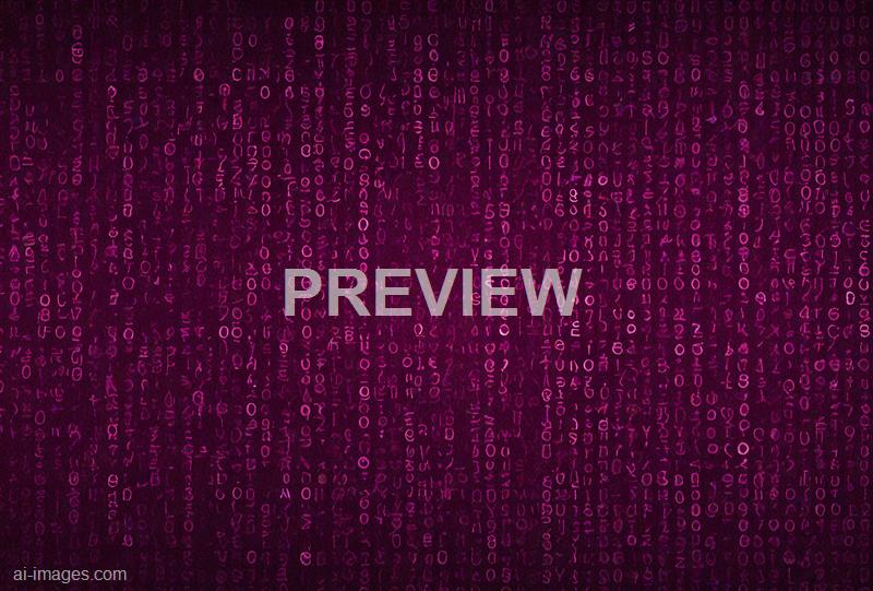 The image features a dark background filled with cascading lines of glowing pink and purple binary code, resembling a digital matrix or a representation of computer data flowing vertically. The numbers and symbols are densely packed, creating a sense of depth and motion within the digital environment. The overall aesthetic evokes themes of cyber technology, coding, and virtual realities.