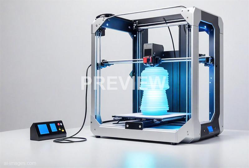 The image shows a modern 3D printer with a metallic frame, actively printing a large, textured object that appears to be a vase or similar shape. The printer is equipped with a control panel on the left side, featuring a small screen and buttons, and it is illuminated with a blue light, indicating it is powered on and functioning. The background is plain and light-colored, emphasizing the sleek, high-tech design of the device.