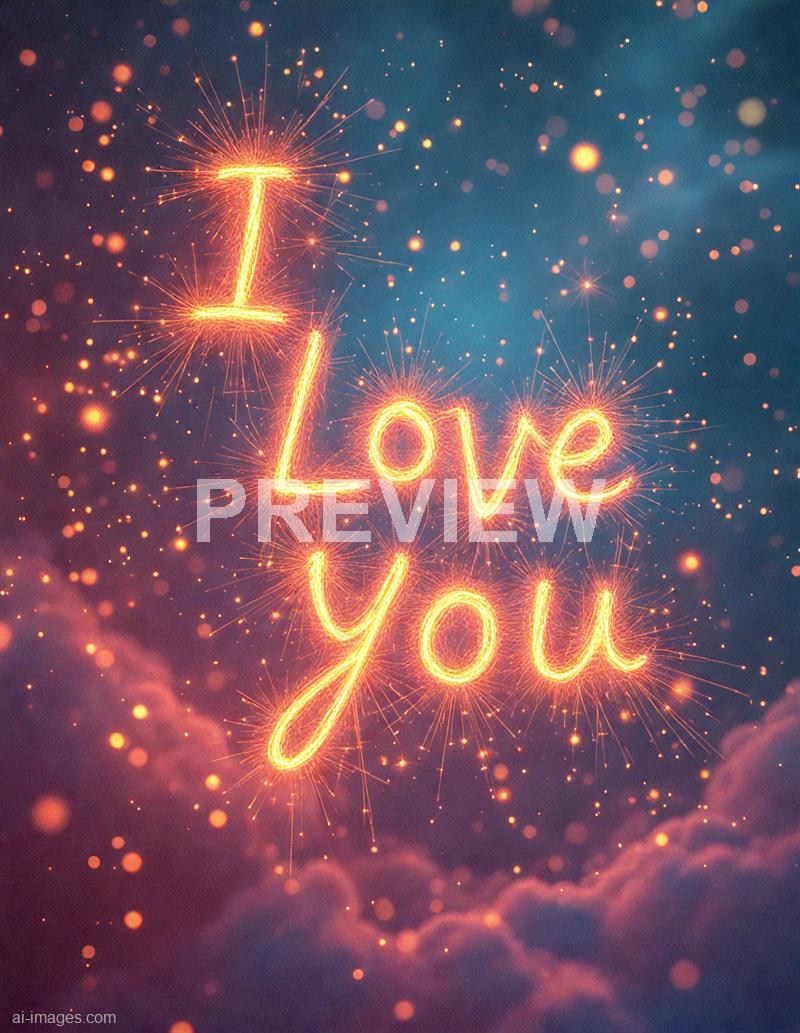 The image features the words "I Love You" written in bright, fiery sparks that resemble a sparkler or fireworks, creating a glowing, energetic effect. The background is a dark, cloudy sky filled with floating particles and bokeh-like light spots, enhancing the festive and romantic atmosphere of the scene.