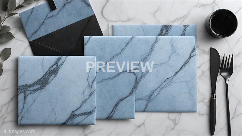 The image features a neatly arranged flat lay on a white marble surface, showcasing three blue napkins with a marble pattern, overlapping each other. There is a black envelope with a matching blue marble pattern napkin partially tucked inside, positioned in the upper left area. To the upper right, there is a black cup filled with a dark liquid, and on the right side, a black knife and fork are placed parallel to each other. A few dried leaves are scattered around the napkins, adding a decorative touch to the setup.