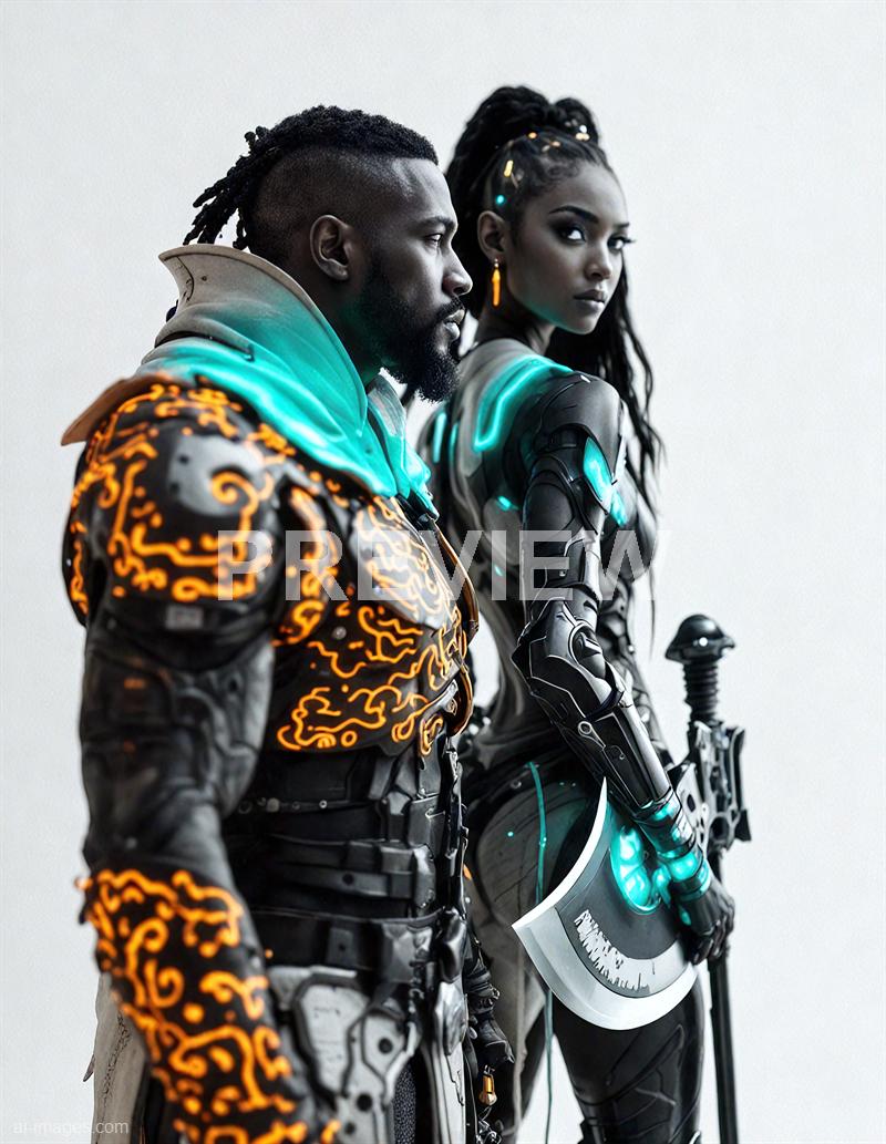 The image depicts two individuals dressed in futuristic, cyberpunk-inspired outfits with glowing neon accents. The man on the left has a beard and dreadlocks, wearing a jacket with intricate orange glowing patterns and a high-tech collar, while the woman on the right has long, styled hair with glowing accessories and a sleek, armored suit with illuminated details. They are standing side by side against a plain, light background, exuding a sense of strength and modern sci-fi aesthetics.