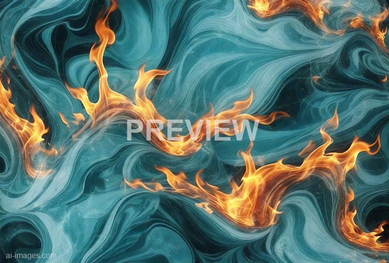 The image displays an abstract scene with swirling blue and teal patterns resembling flowing water or smoke. Bright orange flames weave through the swirling background, creating a dynamic contrast between the cool tones and fiery elements, giving an impression of movement and energy. The overall composition is vibrant and intense, with intricate details in both the flowing patterns and the flames.