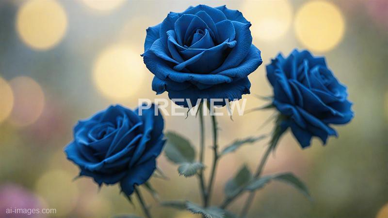 The image features three blue roses in full bloom, with the central rose being the largest and most prominent. The petals of the roses are detailed and velvety, with a soft focus background consisting of warm, blurred circular light spots, creating a gentle and dreamy atmosphere.