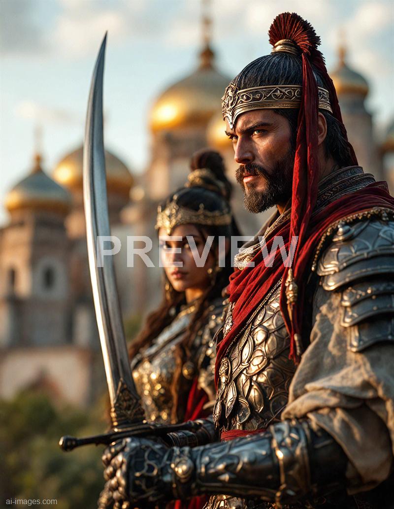 The image features two warriors dressed in elaborate armor, standing against a backdrop of a majestic, golden-domed castle. The man in the foreground has a stern expression, a thick beard, and wears a decorative headpiece with a red plume, while the woman behind him also sports ornate armor and headgear, both holding swords. The scene appears to be set during sunset, with warm light highlighting the intricate details of their costumes and the grandeur of the historic architecture behind them.