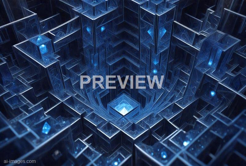 The image features an intricate, futuristic, and geometrically complex structure made of transparent, glass-like blocks arranged in a deep, symmetrical pattern that appears to extend into a glowing central point. The entire scene is illuminated with a cool blue light, highlighting the sharp edges and reflective surfaces of the blocks, giving it a high-tech, digital aesthetic. The overall effect resembles a digital maze or a computer-generated visualization of a data matrix or a sci-fi technological environment.