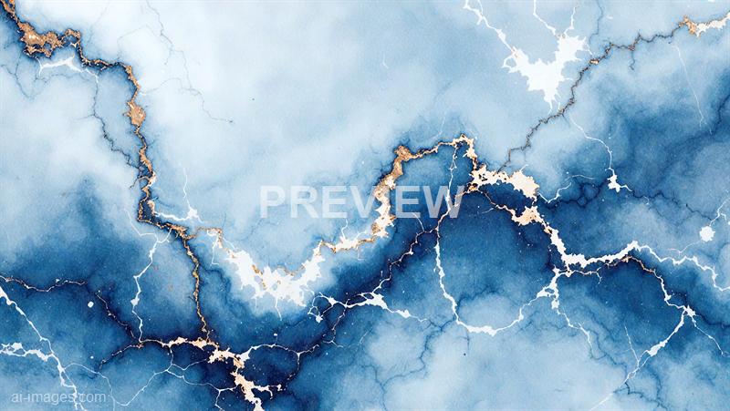 The image features an abstract watercolor painting with various shades of blue blending seamlessly into each other, creating a fluid and dynamic background. Gold accents trace the edges of the blue areas, resembling cracks or veins, adding a striking contrast and texture to the composition. The overall effect is a calming yet intricate design that evokes the appearance of a mineral or geological pattern.