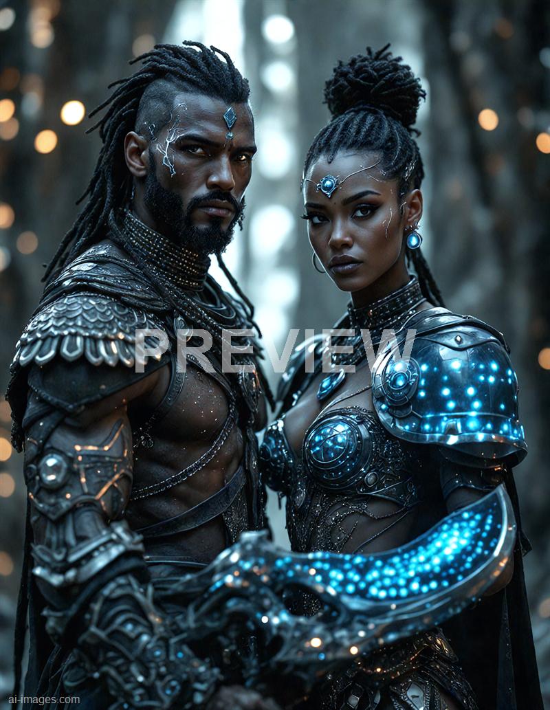 The image depicts two individuals dressed in elaborate, futuristic armor with glowing blue accents, set against a blurred forest background with soft, circular bokeh lights. The man has dreadlocks, facial jewelry, and a rugged, intense expression, while the woman has her hair styled in a high bun, adorned with intricate jewelry, and has a fierce, confident gaze. Both are wearing armor that combines metallic and organic elements, giving a sci-fi or fantasy warrior vibe.