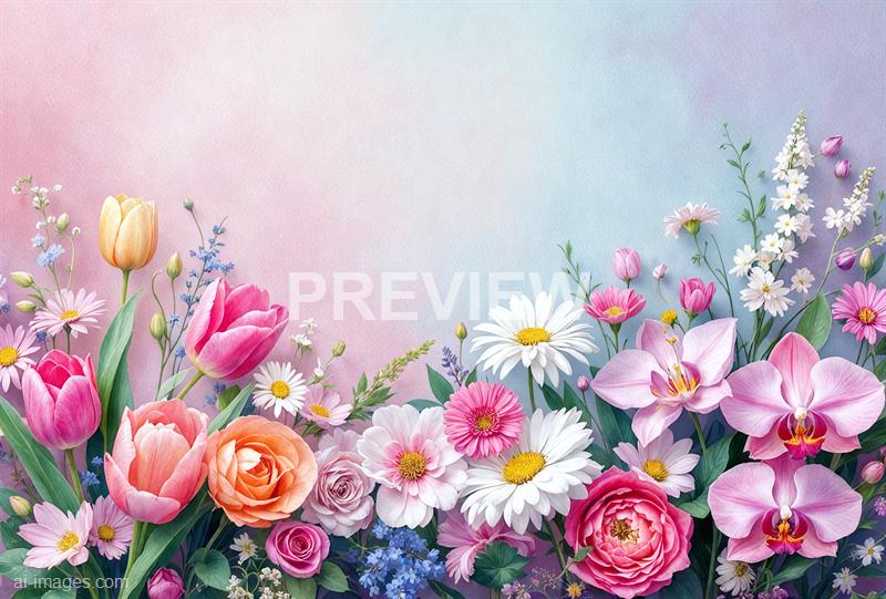 The image features an abundant and colorful array of flowers at the bottom of the frame, including tulips, daisies, roses, orchids, and other small blossoms in shades of pink, white, peach, and purple. The background is a soft, pastel gradient blending pink, blue, and purple hues, creating a gentle and dreamy atmosphere that highlights the vibrant floral arrangement in the foreground.
