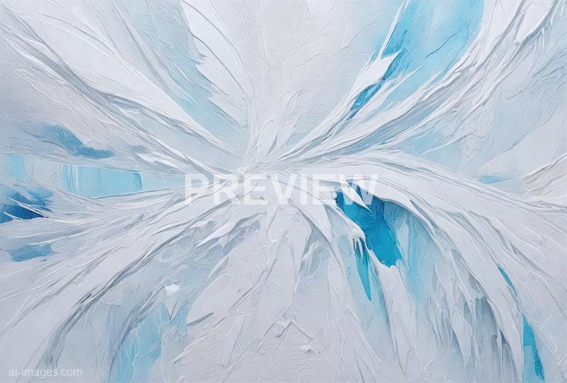 The image features an abstract depiction of ice or snow, with textured layers and streaks of white and light blue creating a sense of coldness and movement. The patterns resemble a frozen landscape or a close-up of icy formations, emphasizing the intricate details and natural beauty of ice structures. The overall composition is dynamic, with flowing lines and a mixture of smooth and textured surfaces.