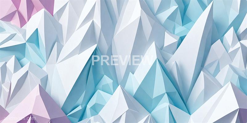 The image features an abstract design composed of numerous three-dimensional geometric shapes resembling folded paper or origami. The color palette transitions smoothly from soft purple and pink tones on the left to blue and white shades on the right, creating a dynamic and textured visual effect with sharp edges and varying angles.