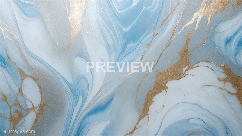 The image features an abstract design with swirling patterns in shades of light blue, white, and gold. The design appears to resemble a marble or fluid art pattern, with the colors blending and flowing into each other, creating a sense of movement and depth. Gold accents are interspersed throughout, adding a touch of elegance and contrast to the softer blue and white tones.