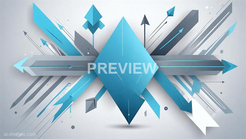 The image features a dynamic and modern abstract design composed of geometric shapes, primarily triangles and parallelograms, arranged symmetrically around a central diamond shape. The shapes are rendered in various shades of blue, gray, and white, with some three-dimensional effects and sharp edges, creating a sense of movement and depth against a light gray background. Small dots and lines are scattered throughout, enhancing the energetic and futuristic feel of the composition.