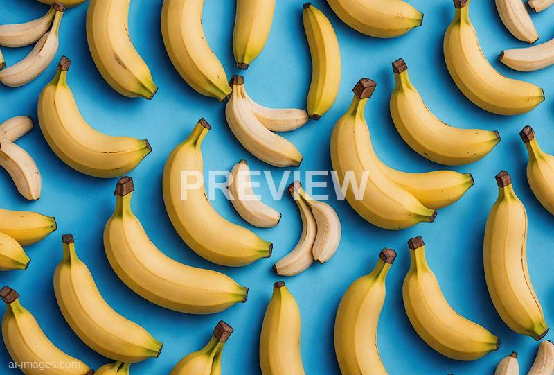 The image features a flat surface covered with numerous bananas scattered randomly. Most of the bananas are ripe, with bright yellow peels, while a few are still slightly green or have minor blemishes, set against a vibrant blue background that contrasts with the fruit's color. The bananas vary slightly in size and shape, some curved more prominently than others, creating a lively and colorful composition.