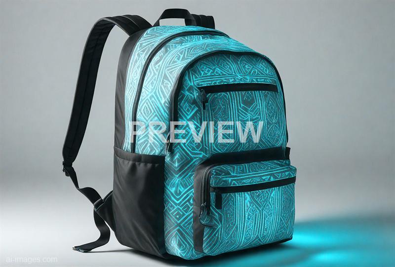 The image features a modern backpack with a striking design that combines a vibrant blue pattern on the upper and front sections, resembling abstract or tribal motifs, with solid black fabric on the sides and bottom. The backpack is equipped with multiple compartments, including a large main pocket and a smaller front pocket, both with black zippers, and is set against a plain, neutral background. The overall appearance suggests it is designed for everyday use, possibly for school, travel, or outdoor activities.
