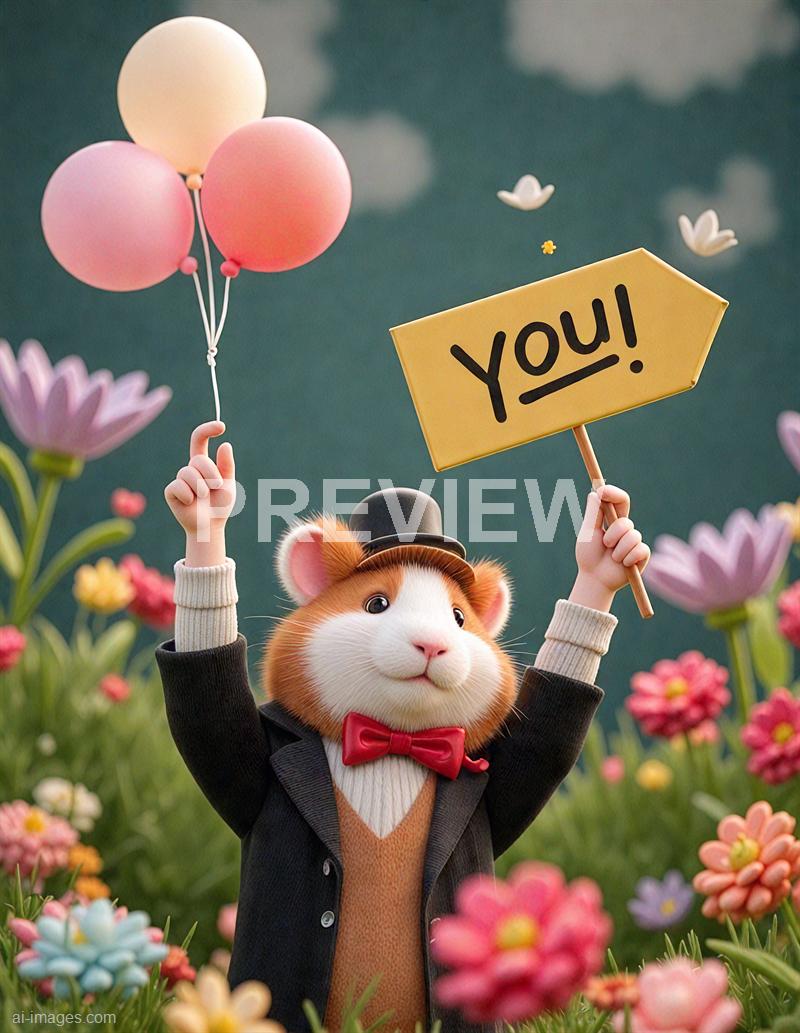 The image features an anthropomorphic hamster dressed in formal attire, including a black tuxedo, a white shirt, a red bow tie, and a black top hat. The hamster is standing amidst a vibrant garden of colorful flowers, holding a bunch of pink and white balloons in one paw and a yellow sign with the word "YOU!" written on it in the other, with a cheerful expression on its face. The background shows a blue sky with some clouds and a few floating white flowers or butterflies.