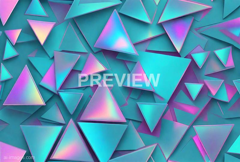 The image features numerous three-dimensional triangular shapes scattered randomly across the frame. These shapes are rendered in vibrant, iridescent colors, predominantly shades of blue, purple, and pink, creating a luminous, holographic effect against a similarly colored background. The overall composition gives a sense of depth and dynamic motion, with some triangles overlapping others.