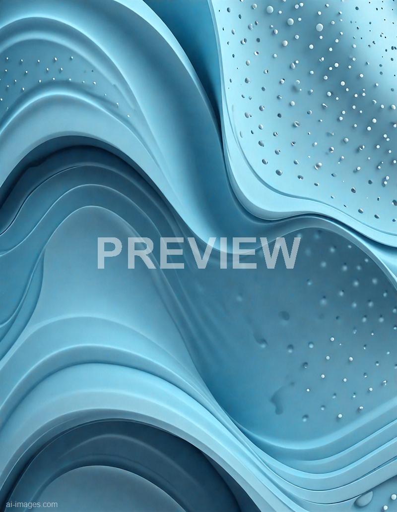 The image features a close-up view of a modern, abstract sculpture or installation made of smooth, layered, blue-toned materials. The surface showcases flowing, wave-like curves with rounded edges and small perforations on one section, creating a textured appearance. The lighting emphasizes the contours and depth, giving the piece a dynamic and fluid aesthetic.