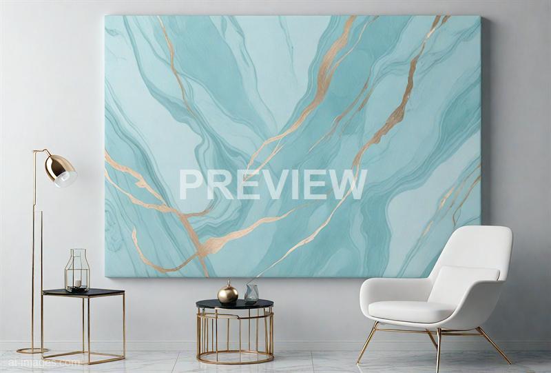 The image depicts a modern interior setting featuring a large, abstract artwork on the wall with swirling shades of blue and gold veins, resembling a marble or watercolor pattern. In front of the artwork, there are two small side tables with minimalist designs; one with a black top and gold frame, and the other with a black top and gold wireframe base, decorated with vases and a decorative object. To the right, there is a sleek, white lounge chair with a curved backrest and gold legs, complementing the elegant and contemporary aesthetic of the room. The floor is covered with light-colored tiles, and the overall ambiance is clean, stylish, and sophisticated.