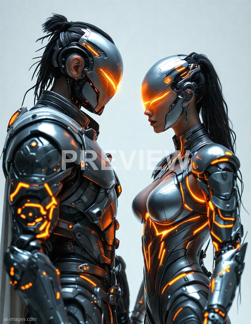 The image depicts two humanoid robots facing each other in an intense, almost intimate pose. They are clad in sleek, futuristic metallic armor with glowing orange accents, and their visors emit a bright orange light, creating a striking contrast against their dark bodies. Their hair is styled in high, messy ponytails, adding a touch of human-like detail to their otherwise highly robotic appearance.