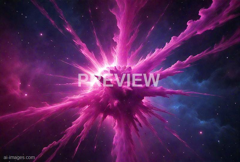 The image depicts an incredible cosmic scene featuring an explosion or energetic event in space, with vivid pink and purple hues radiating outward from a bright central point. Wisps of gas and light streak across the dark backdrop of the universe, dotted with small stars and distant nebulae, creating a sense of vastness and dynamic motion. The scene resembles a supernova or a powerful cosmic burst, emphasizing the grandeur and mystery of outer space.