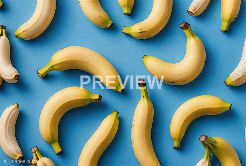 The image features a collection of ripe yellow bananas scattered across a bright blue background. The bananas are arranged randomly, with some curved and others straight, showcasing their smooth texture and vibrant color. The background provides a striking contrast that highlights the fresh appearance of the fruit.