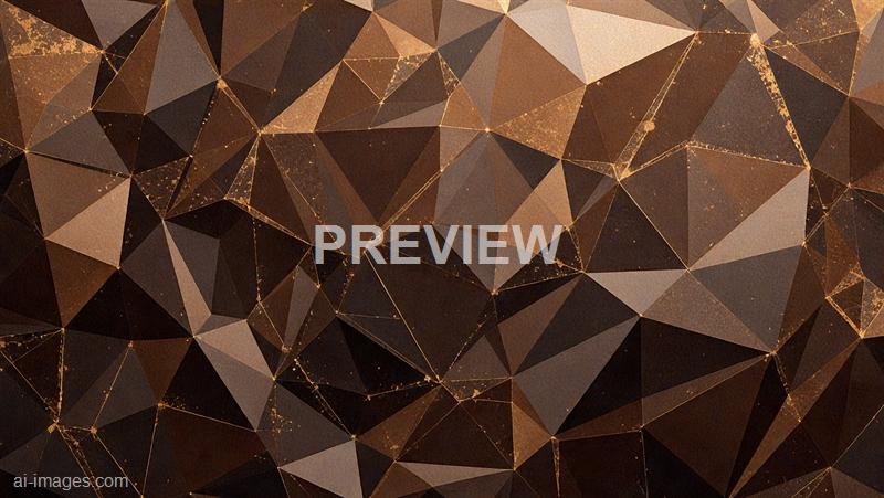 The image features an abstract geometric pattern composed of numerous interconnected triangles. The color palette is dominated by shades of brown, gold, and black, with some areas showing a speckled or textured appearance, creating a sense of depth and complexity within the pattern. The design appears to have a metallic or glittery effect, giving it a rich and intricate visual appeal.