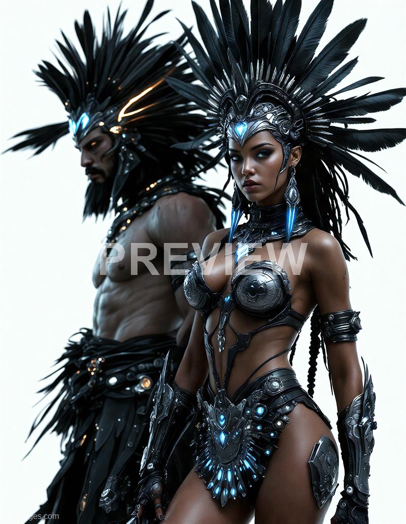 The image features two individuals dressed in elaborate, futuristic armor with a dark metallic aesthetic. They wear large, intricate headdresses adorned with black feathers and luminous blue accents, giving a regal and powerful appearance. The woman in the foreground has a confident expression, while the man behind her has a more serious demeanor, both exuding strength and mystique against a plain, light background.