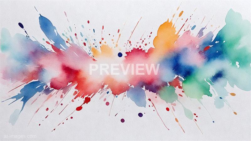 The image features an abstract watercolor painting with vibrant splashes of color blending into each other. There are bold strokes and splatters in shades of blue, pink, red, orange, green, and purple, creating a dynamic and lively composition on textured paper. The colors appear to radiate outward from a central area, giving a sense of movement and energy.