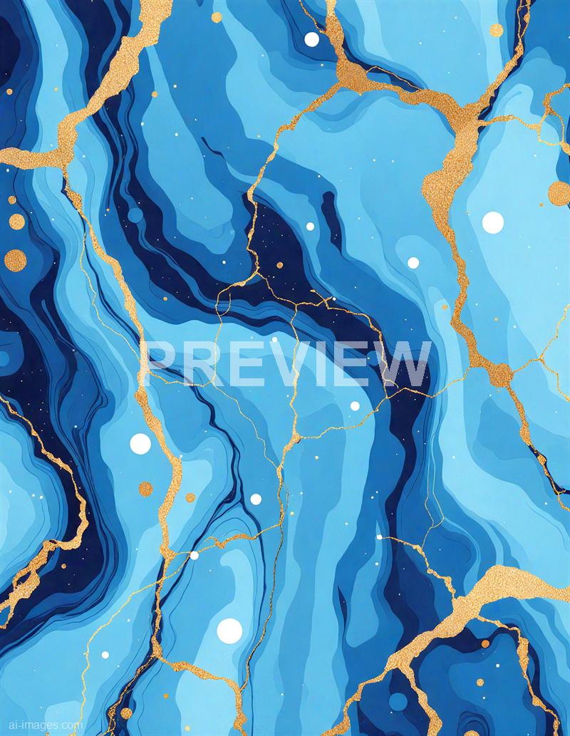 The image features an abstract design resembling a marble or geode pattern, with various shades of blue ranging from light to dark, creating a layered, flowing effect. Golden veins run through the composition, mimicking cracks or mineral deposits, and small white and gold specks are scattered throughout, adding texture and contrast to the overall visual.