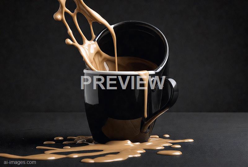 A black ceramic mug is filled with a dark liquid, likely coffee or tea, and is placed on a dark textured surface. A splash of creamy beige liquid, possibly milk or cream, is captured mid-air as it erupts from the mug, with some of it spilling over the sides and pooling on the surface below. The background is black, emphasizing the contrast and motion of the splash.