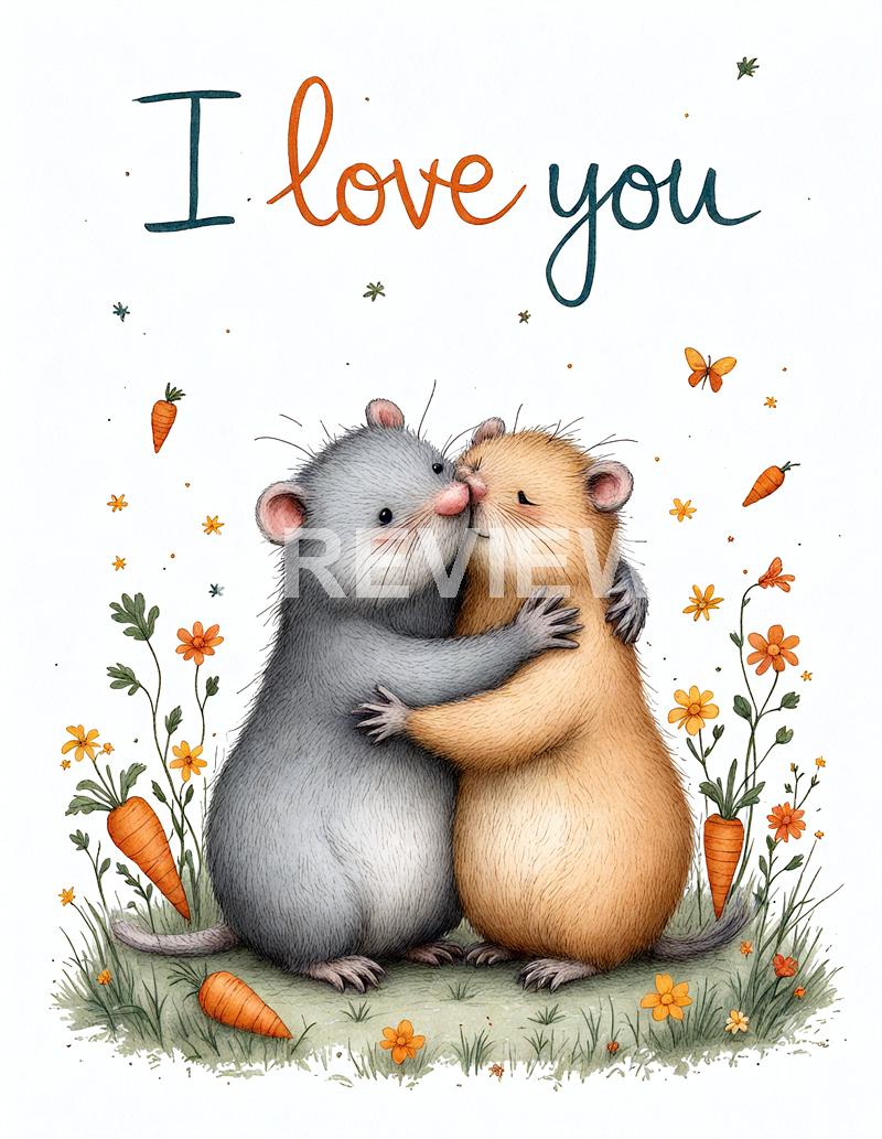 The image features an adorable illustration of two cute mice embracing each other affectionately. They are surrounded by small, colorful flowers and carrots, with a few tiny butterflies and stars scattered around, creating a warm and loving scene. At the top, the words "I love you" are written in playful, multicolored cursive letters, emphasizing the message of love and affection.